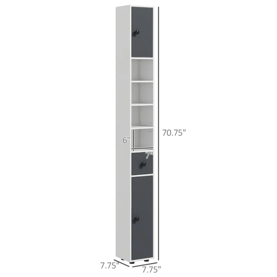 Kleankin 71" Armário minúsculo para banheiro Armário de papel higiênico pequeno com prateleiras abertas 2 armários Prateleiras ajustáveis cinza