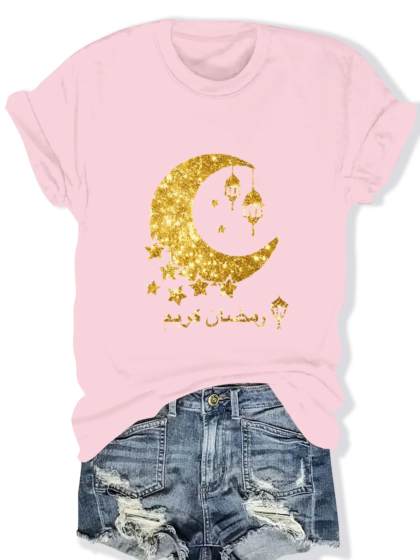 

Fashionable Moon Pattern Print round Neck Short Sleeve Top for Women Stylish Casual Ladies T-Shirt