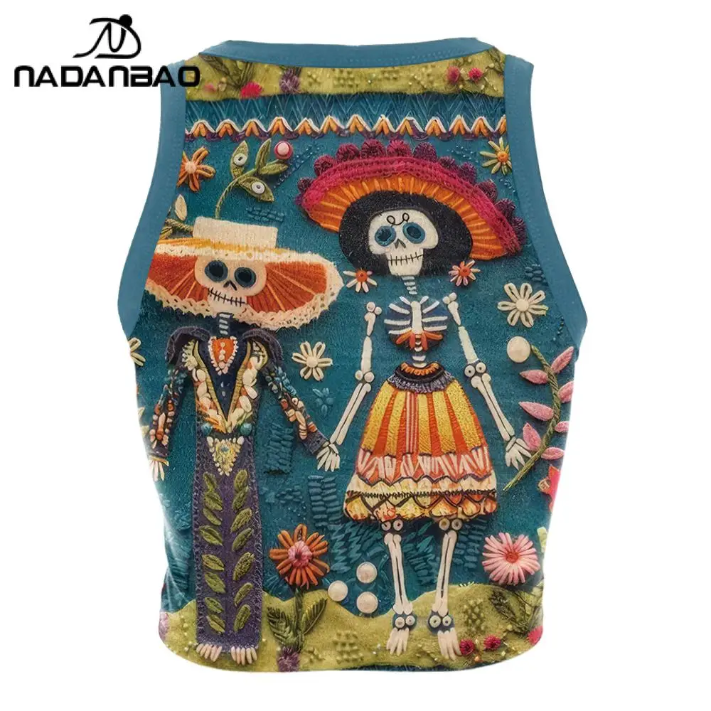 Nadanbao المكسيكي الفن الشعبي طباعة المحاصيل الأعلى عيد الهالوين الموتى قمصان بلا أكمام للنساء الصيف أزياء الجرافيك تانك الأعلى