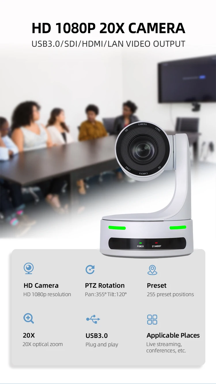 Live Broadcast Live Streaming Full HD 1080P PTZ Webcam Web Cam Video Conferencing 20X Zoom POE NDI H DMI PTZ Camera