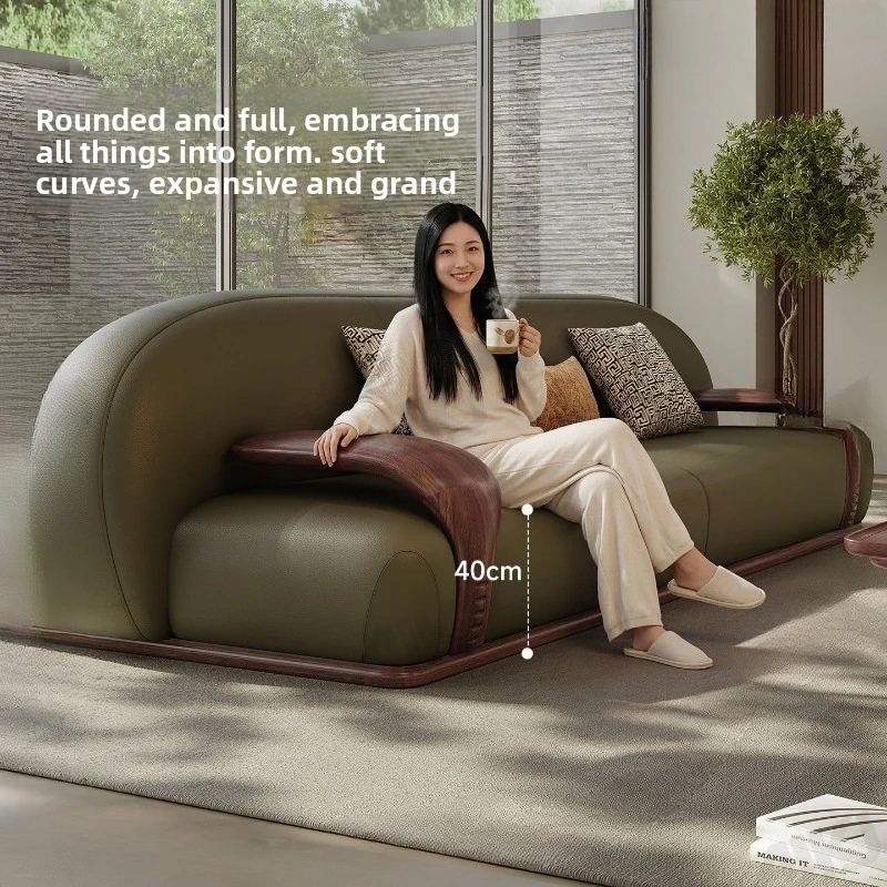 North American black walnut modern simple first-layer leather sofa, three-person green leather sofa, living room furniture retro