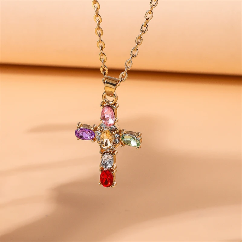 Mode Kristall Kreuz Anhänger Halskette für Frauen Mädchen Party Festival Schmuck Dekoration – Detail 1
