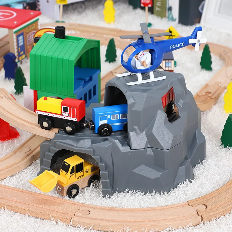 Juego de rieles para niños, coche de juguete, helipuerto, tren de cueva de transporte, Compatible con coches de madera 1:64 de más de tres años PD06