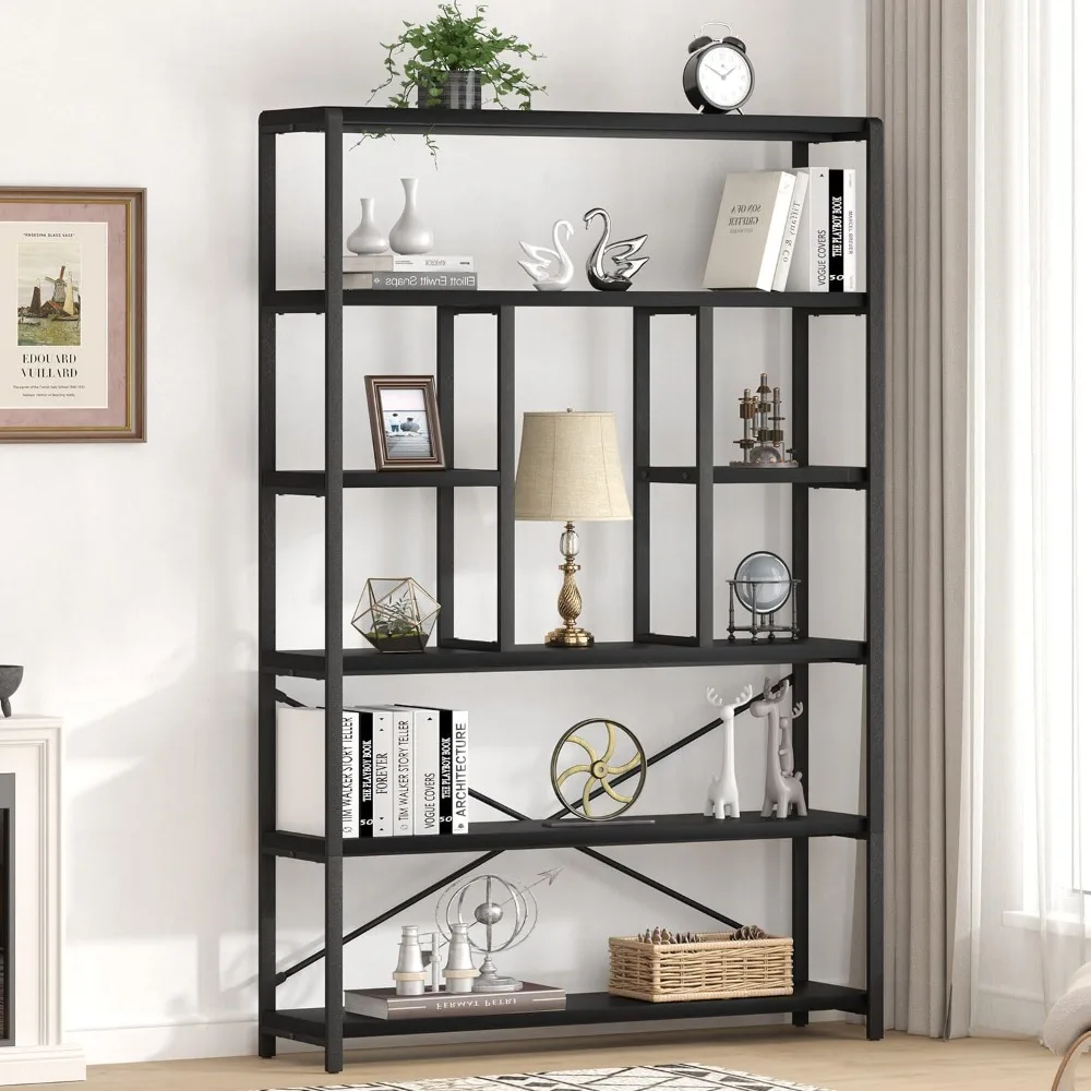 6 Tier Tall Black Bookshelf, Modern Large Wide Book Rack Storage, Industrial Wood Metal Etagere 6 Shelf Bookcase