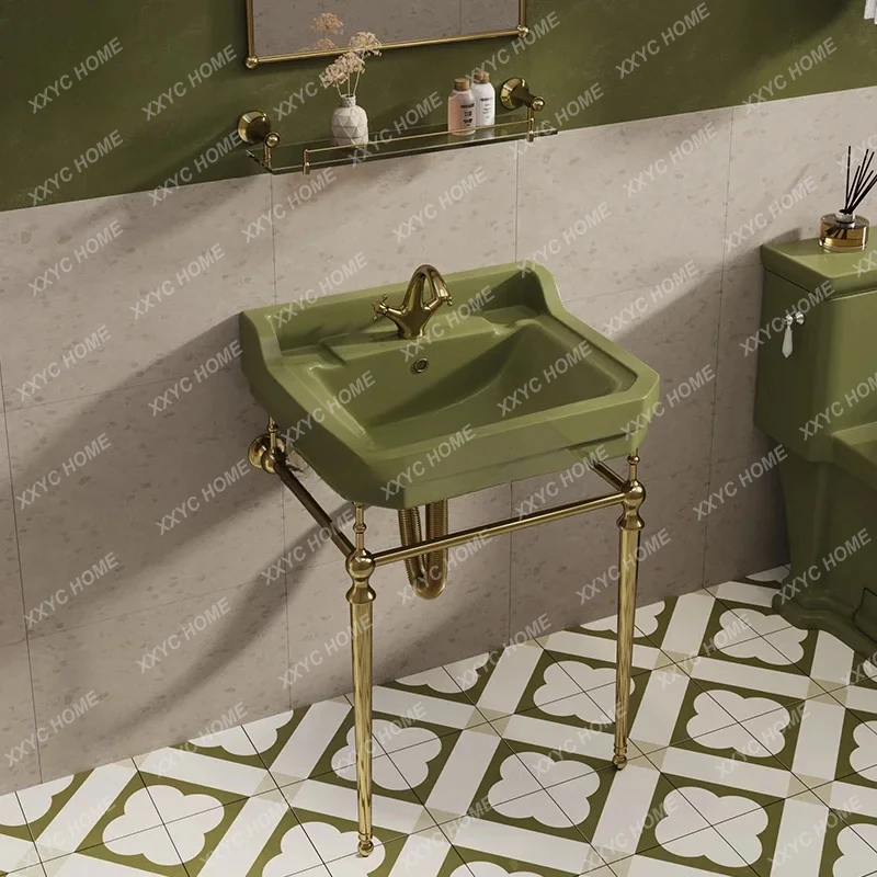 

A Grass green European retro washbasin brass bracket wash basin bathroom floor wash basin washbasin