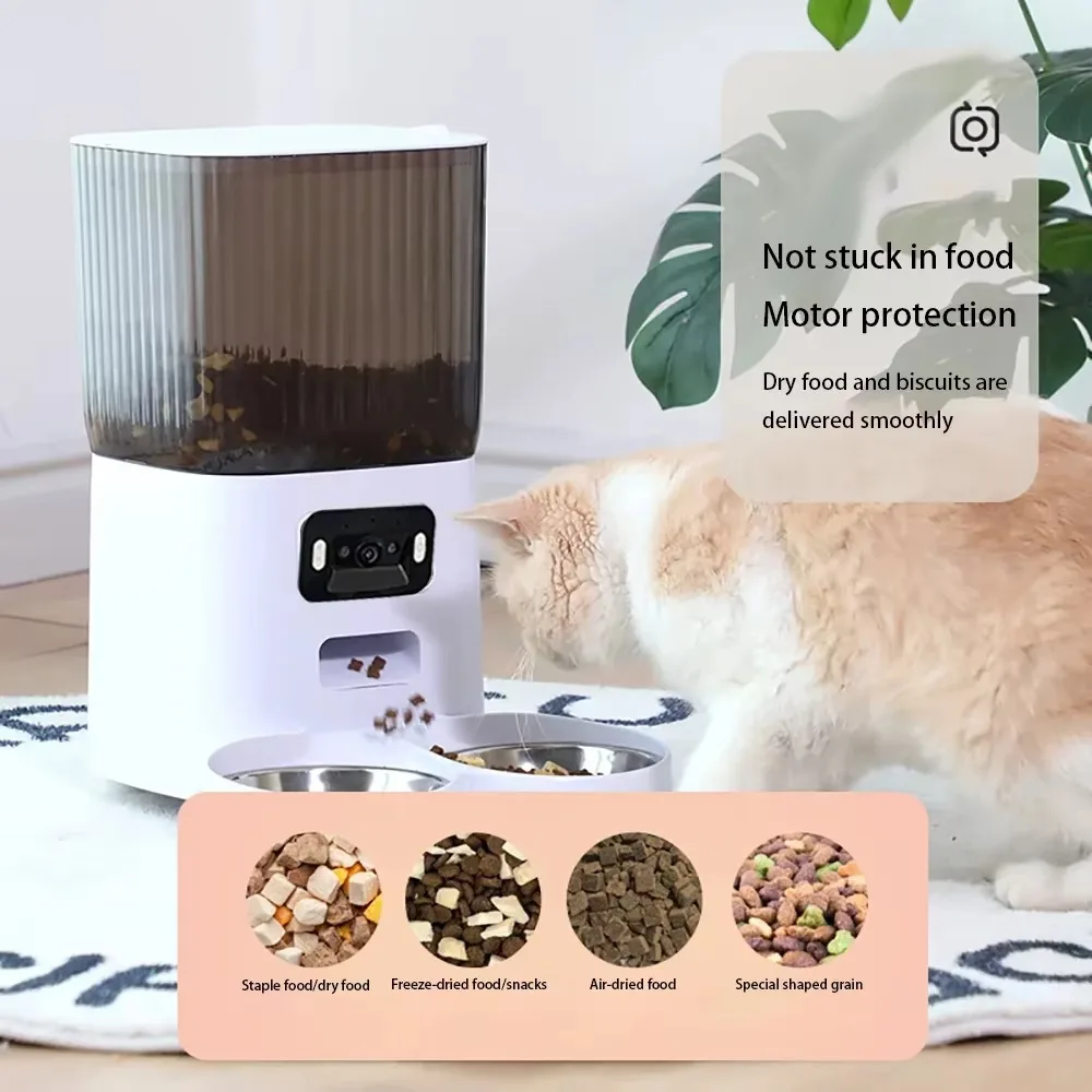 FurStar5L Double Bowls Smart Automatic Cat Feeder With Camera Cat Dry Food Video Dispenser Pet Smart Voice Recorder Auto Feeder