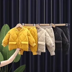 New Children Sets Autumn Winter Jacket for Girls Solid Color Top Coat+pants 2pcs Warm Thicken Baby Boy Clothes Casual Kids Suits