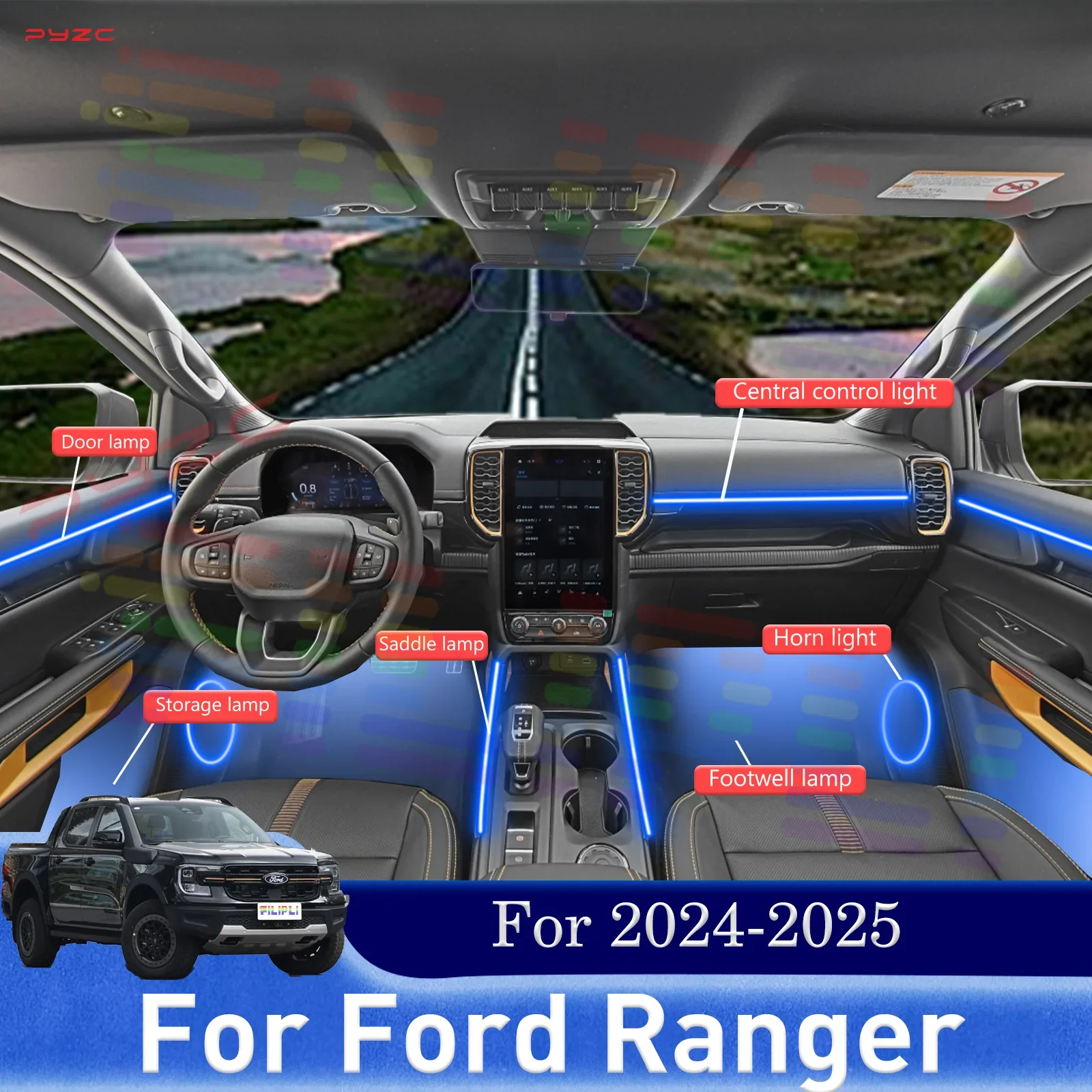 

Для Ford Ranger для 2024-2025 RGB 64 цвета светодиодный интерьер автомобиля окружающее освещение легко подходит монтажная полоса