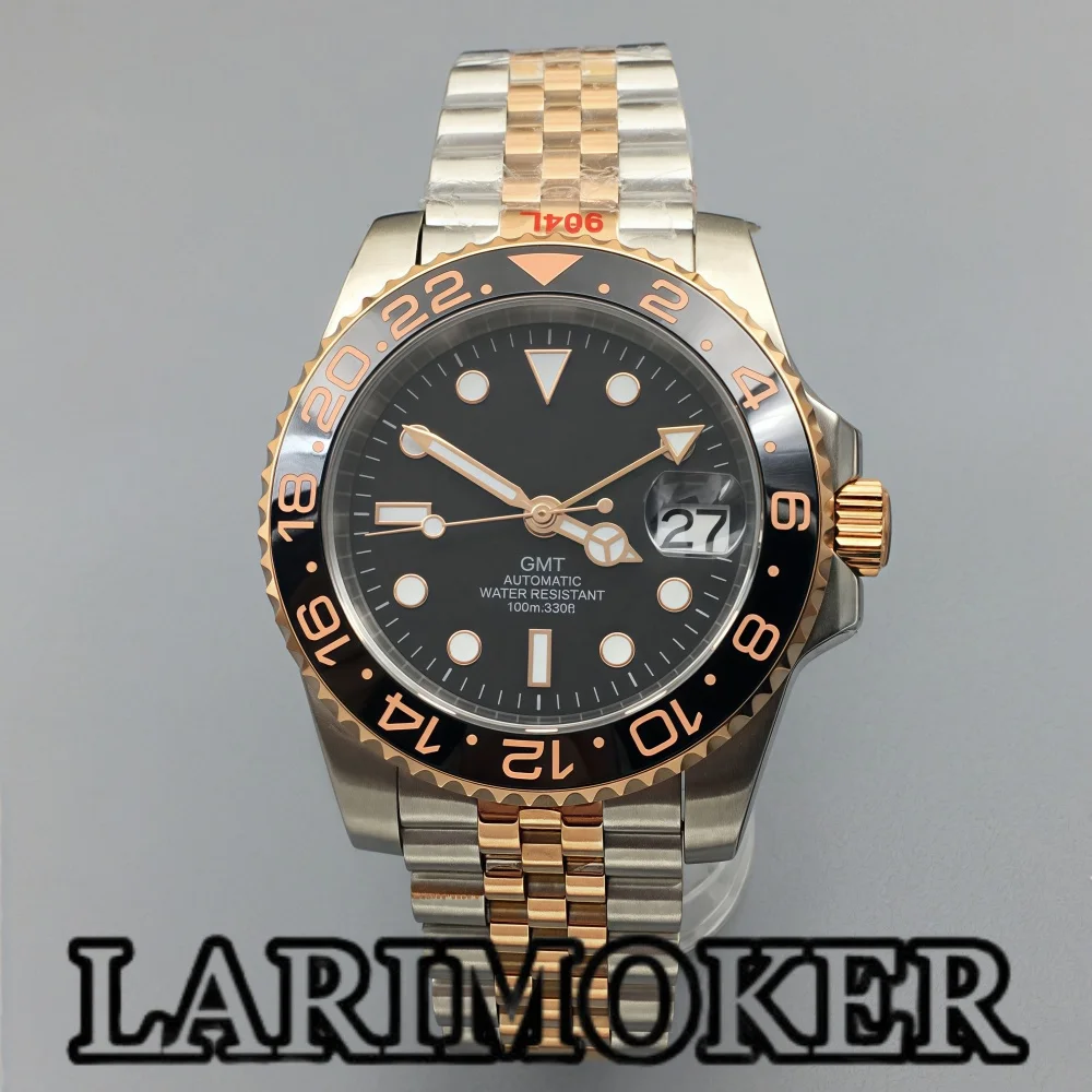 

LARIMOKER 40.5mm Silver and rose gold two-color Waterproof watch Sapphire glass Stainless Steel case NH34 GMT Automatic movement