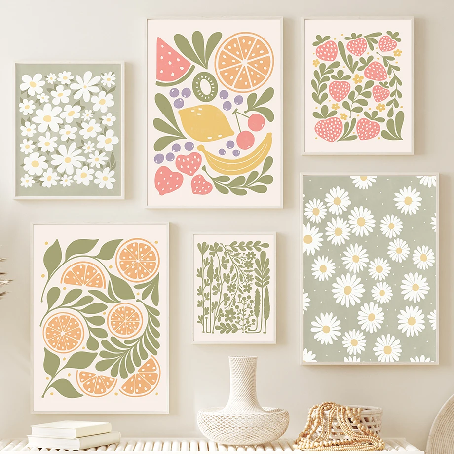 Arte de pared minimalista bohemio, pintura en lienzo abstracta de flores, hojas y frutas, póster nórdico impreso, imágenes de