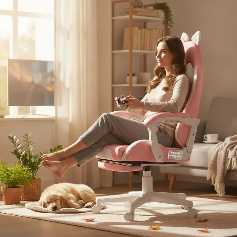 Chaise Gaming Ergonomique avec Repose-Pieds Intégré et Oreilles de Chat, Hauteur Réglable 44 à 52 cm, Rembourrage Confortable en Mousse, Support Lombaire et Cervical, Fauteuil Rose pour Bureau et Studio