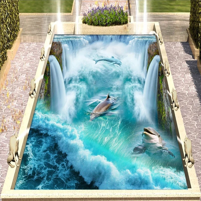 Customized Dolphin Sea Water Waterfall 3D Floor Mural Self Adhesive Wallpaper Bathroom Thickened Papers Home Decor Living Room