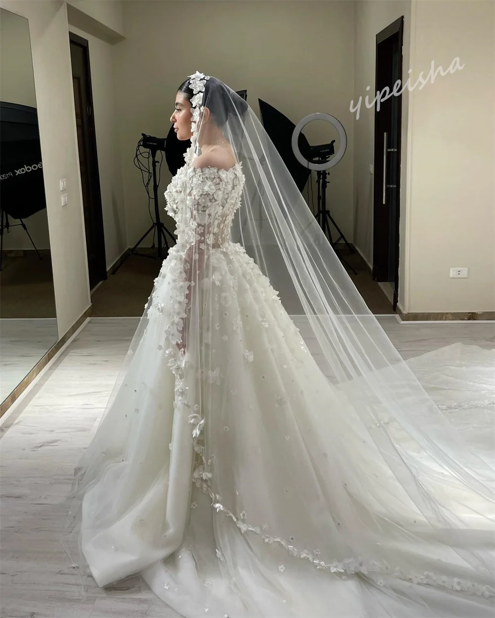 Customized  Exquisite Off-the-shoulder Ball Gown Sweep Wedding Party  Applique Beading Tulle Customized Dresses es