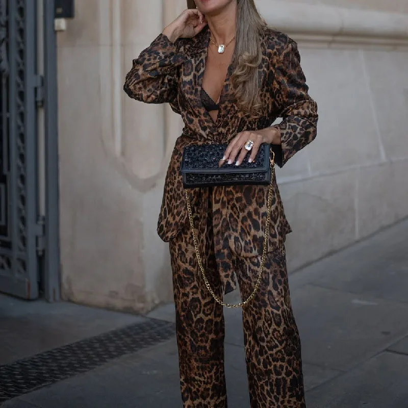 

Casual Long Sleeve Lace-Up 2Pc Set Fashion Lapel Collar Blazer Coats & Pants Suits Women Elegant Leopard Print Commuting Outfits