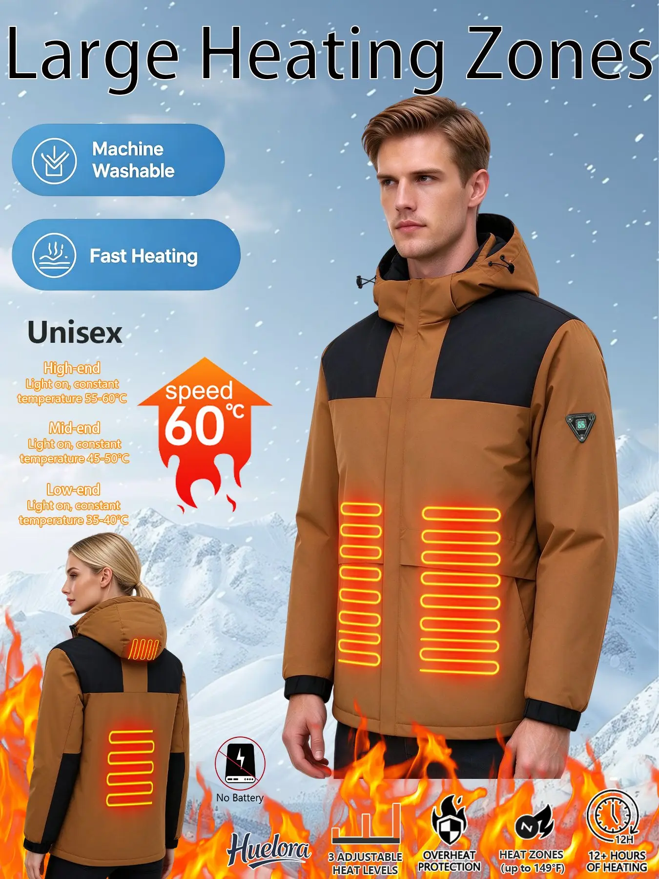 Unisex Color Block Heated Jacket Winter Hooded Waterproof Heating Coat 3 Temp Control Outdoor Ski Thermal Jacket,No Battery