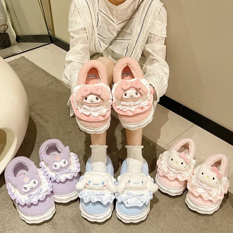 

Kawaii Sanrio Hello Kitty Fuzzy Slipper Cinnamoroll Kuromi My Melody Women Winter Plush Non Slip Slippers Cute Home Flat Shoes