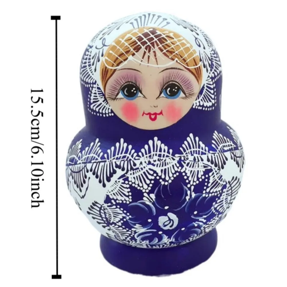 10Pcs/Set Wood Russian Nesting Dolls Blue Floral Print 10 Layer Matryoshka Wooden Doll Toys Cartoon Handmade Stacking Dolls