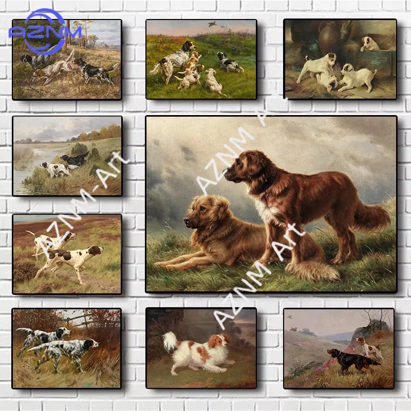 1PCVintage Dog Portrait Print Poster Setters Foxhound Spaniel Collie Canvas Painting Farmhouse Pet Wall Art Picture Home Decor