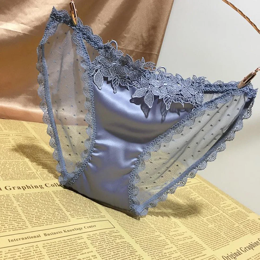 

sexy fashion satin lace underwear women's three-dimensional embroidery hollow seamless transparent temptation women's briefs