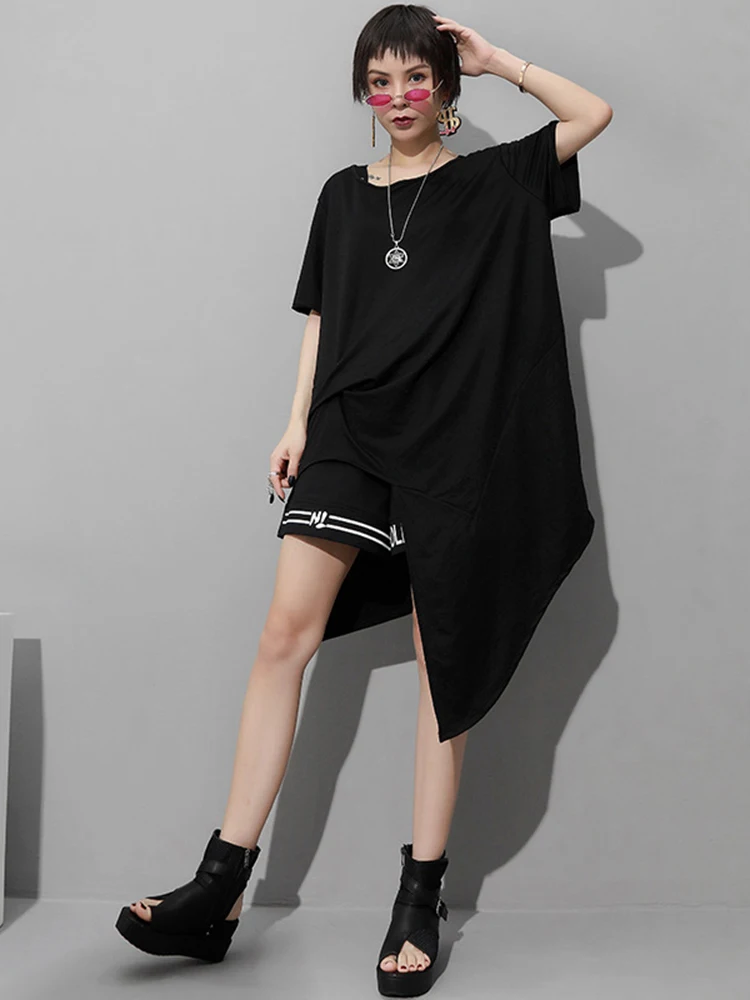 [EAM] Women White Irregular Split Joint Big Size T-shirt New Round Neck Short Sleeve  Fashion Tide  Spring Summer 2024 1Z306