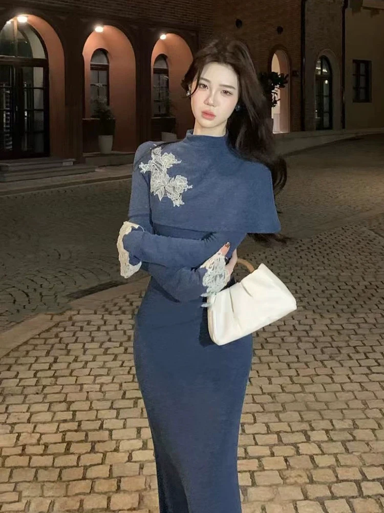 

XZY New Chinese Sle plus Size Knitted Dr Women's Winter Vintage Cloak oulder Flag Dr Embroidered High Waist Long Sl...