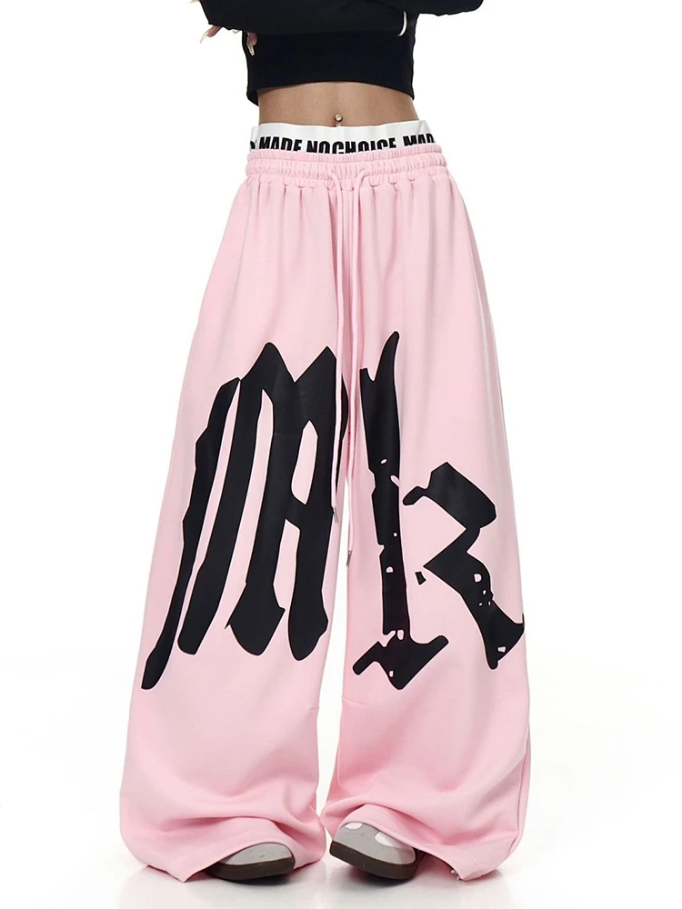 

Gothic Letter Y2K Wide Leg Pant Women Hip Hop Streetwear American Retro Trousers Vintage Design Double Waist Loose Bf Pants New