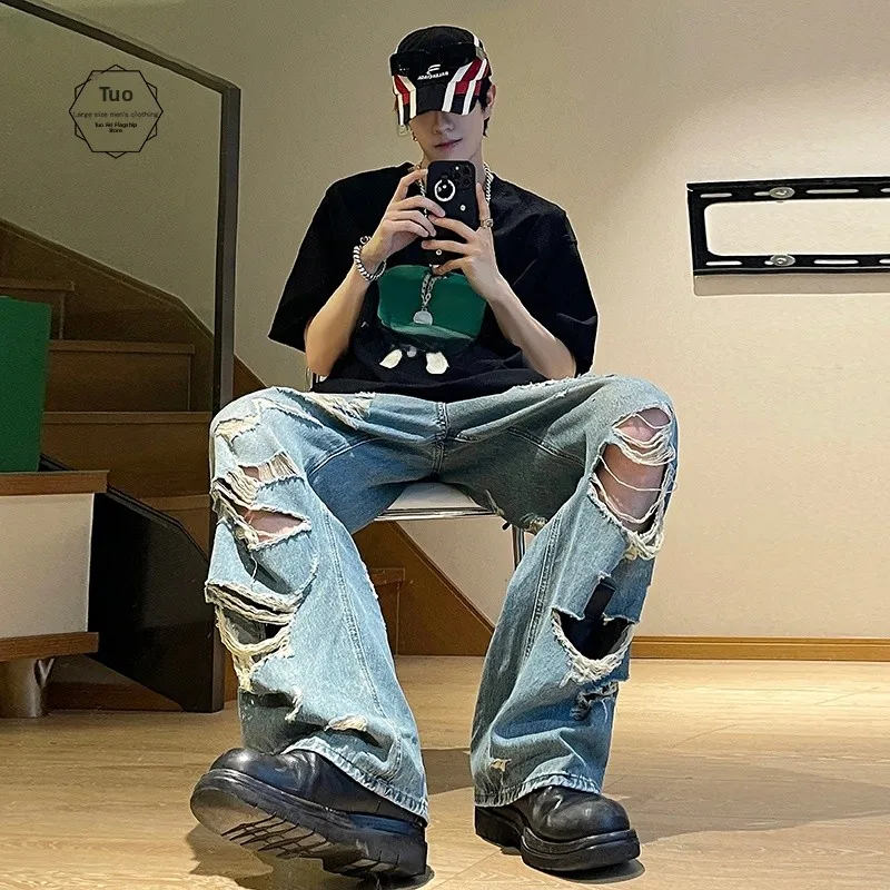 

American Vibe Men's Spring Summer Distressed Clean Fit Jeans Casual Straight Leg Long Pants Torn Hole Style Polyester Fiber