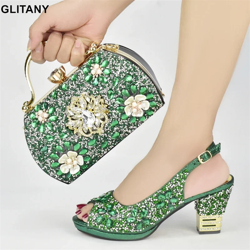 

New Arrival Nigerian Party Shoes with Bag Set Decorated with Rhinestone Italian Shoes and Bags Matching Set Wedding Shoes Bride