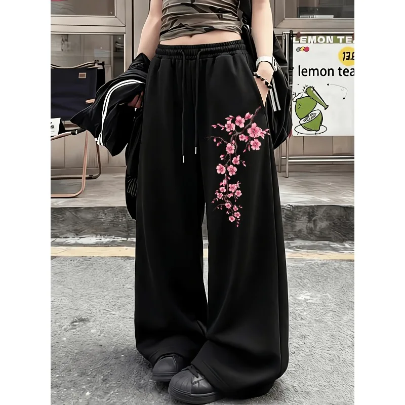 Drooping Cherry Blossom Print, Wide-Leg Style, Drawstring Waist, American Vintage Style, Casual Sports Pants