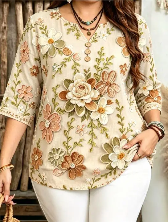 Women 3/4 Sleeve V‑Neck Blouse Simulated Embossed Floral Print Loose Casual Daily Ladies Tops