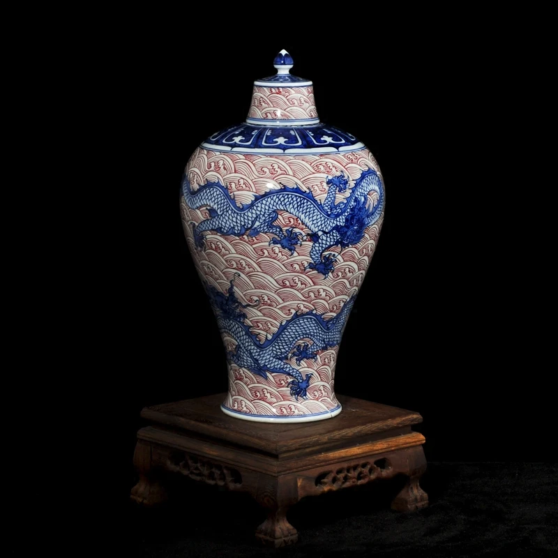 Hand-painted Clouds and Dragons Pattern Blue and White Underglaze Red Antique Ceramic Cover Pot Living Room Ornament