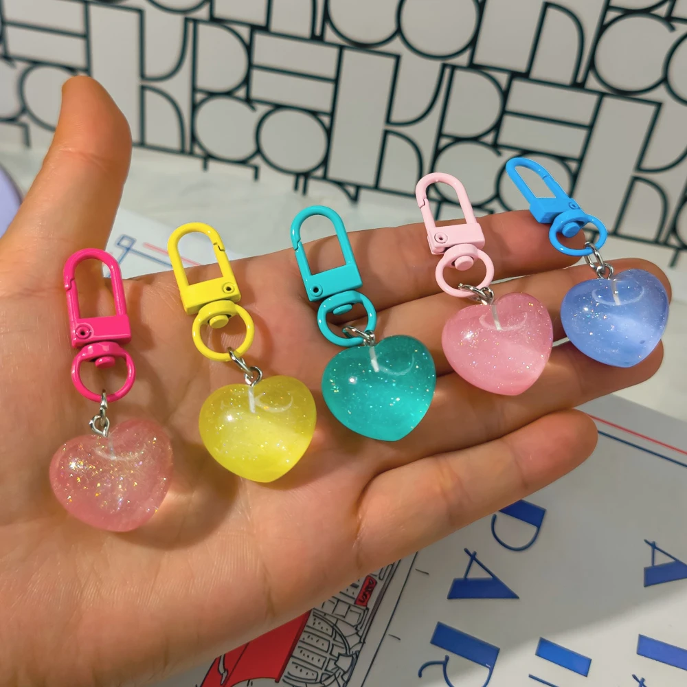 6pcs Little Heart Colorful Keychain Sweet Resin Key Chain Transparent Color Diy Cute Bag Keychains Pendant Girls Jewelry