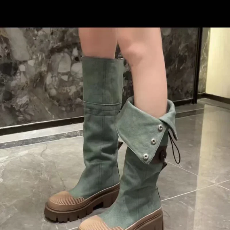 Denim Chunky Platform Boots for Women 2024 Autumn Patchwork Western Style Cowboy Boots Woman Thick Heels Mid Calf Botas