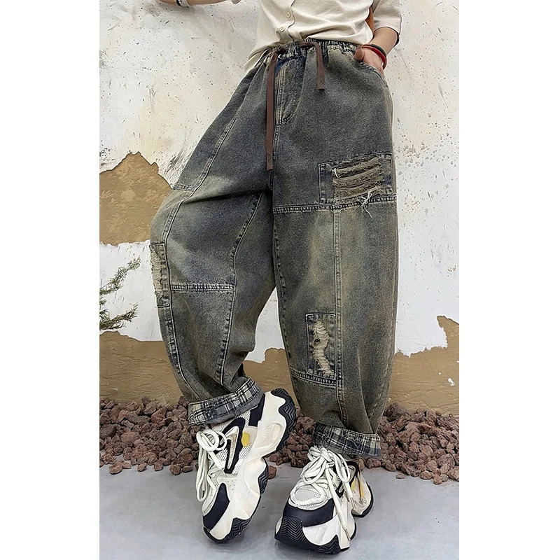 سراويل حريم نسائية أوروبية من Mass Wass من قماش الدنيم بفتحات كلاسيكية سراويل كلاسيكية فضفاضة ملابس خروج مرنة بخصر مطاطي جينز #5