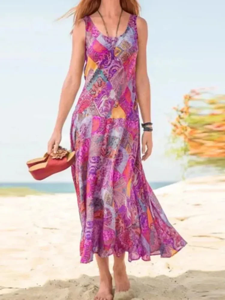 

Women's Sleeveless Printed Long Dress, Summer New Bohemian Vacation Beach Dress