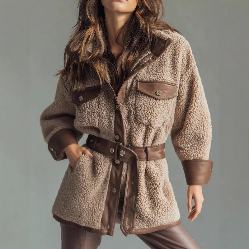 Women Winter Faux Lamb Furry Coat Lapel Spliced ​​PU Leather Thick Overcoat Female Fashion Long Sleeve Belt Retro Jacket