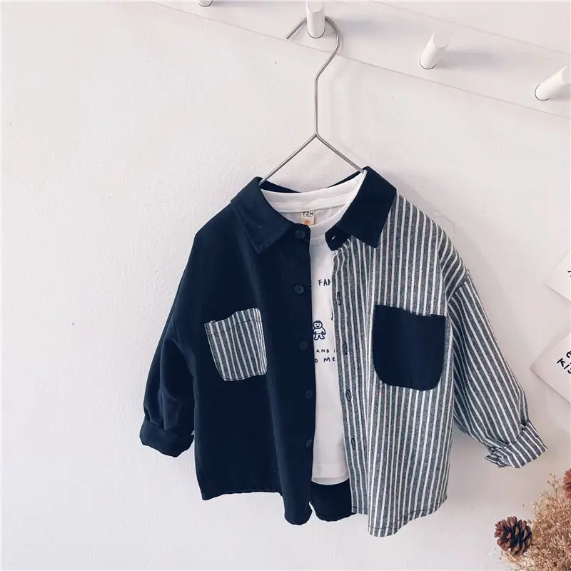 2023 New Korean Fashion Shirts for Boys Loose Casual Cute Kawaii Anime Sports Chic Vintage Patchwork Stripe England Style Top