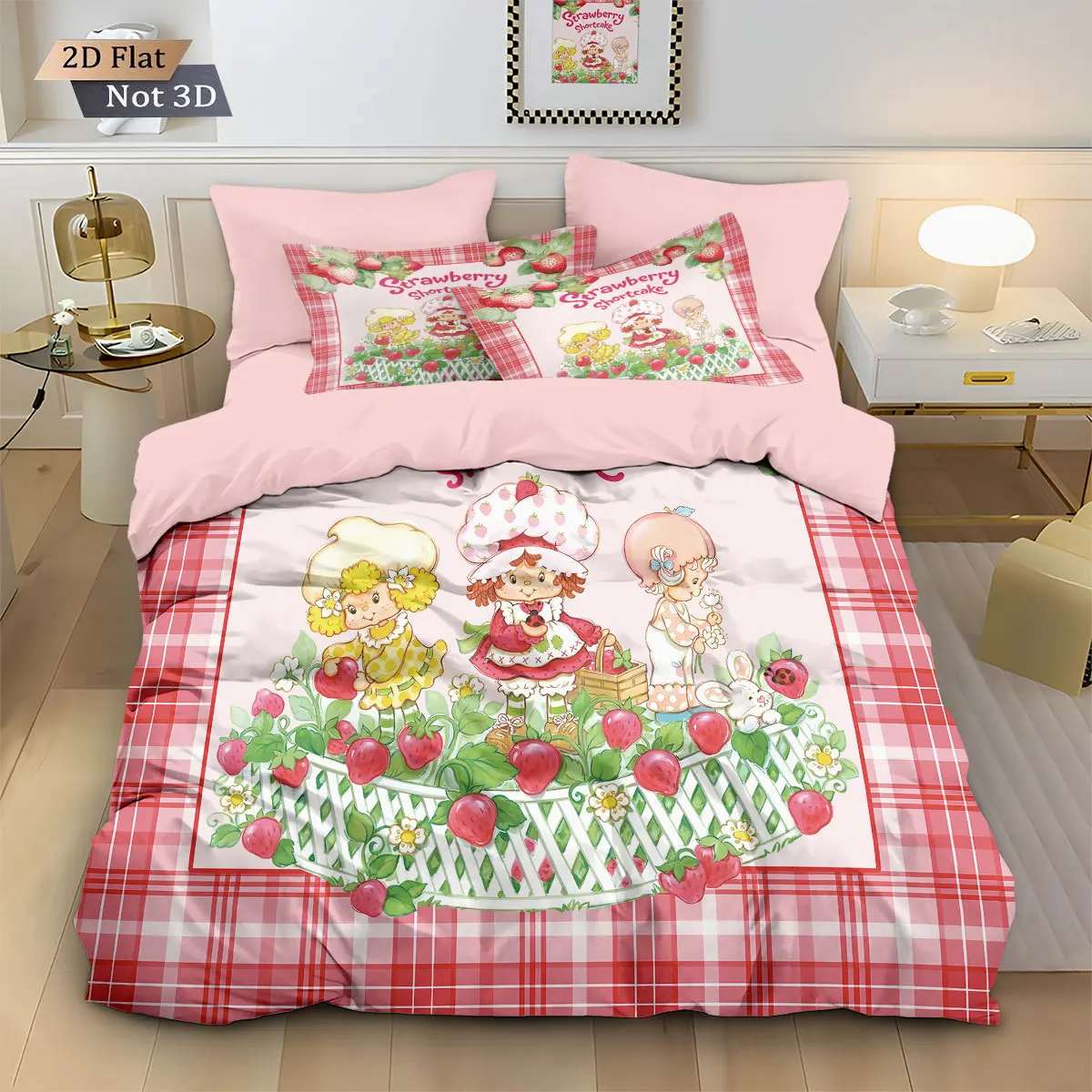 Cute Strawberry Bedding Set Print Comfortable Duvet Cover for Girls Student Dormitory, 1 Duvet Cover and 2pillowcase with Zipper