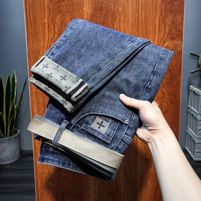 

Faionable Korean Sle Embroidered Jeans Men's Slim Fit Micro Harlan Casual Long Pants Cotton Stretch Denim mid Waist