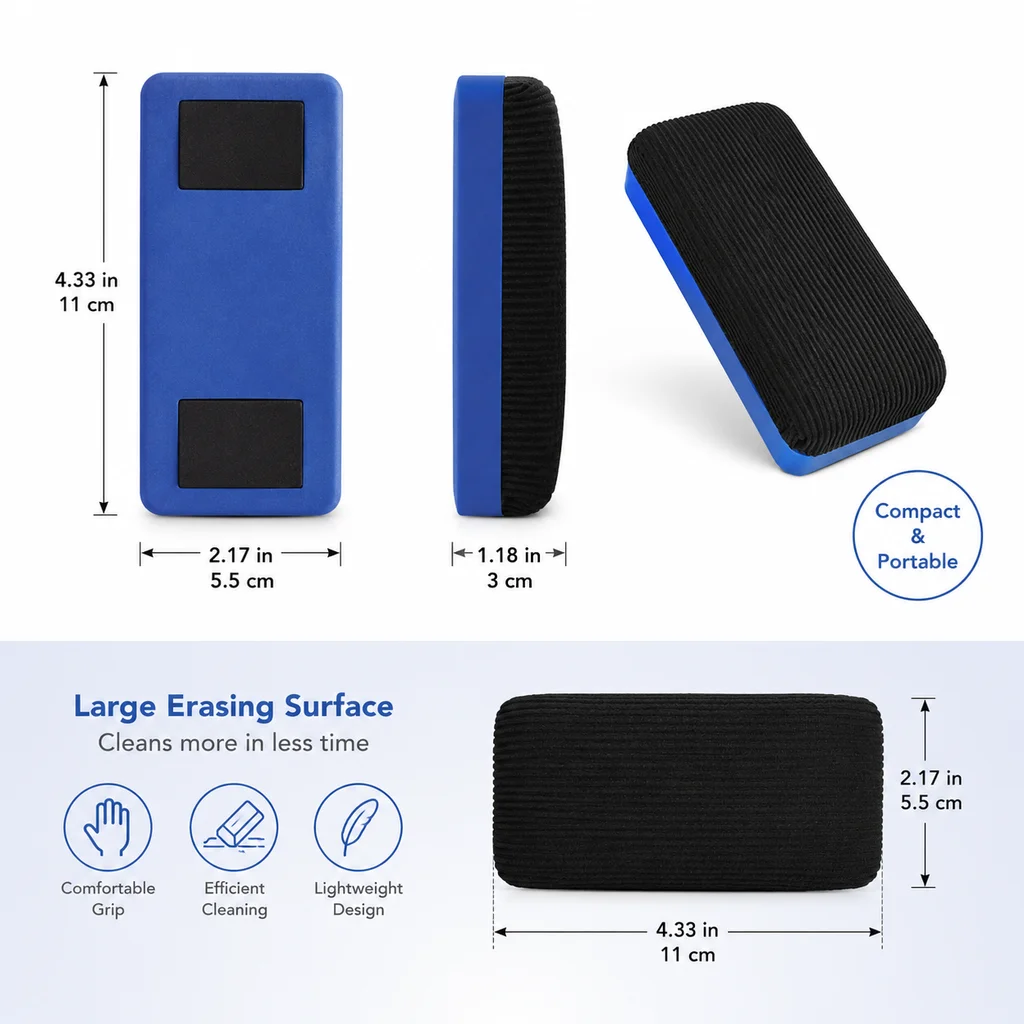 Durable Magnetic Whiteboard Glass Eraser, with Felt Bottom Surface, Suitable for School Classroom, Home, University Office