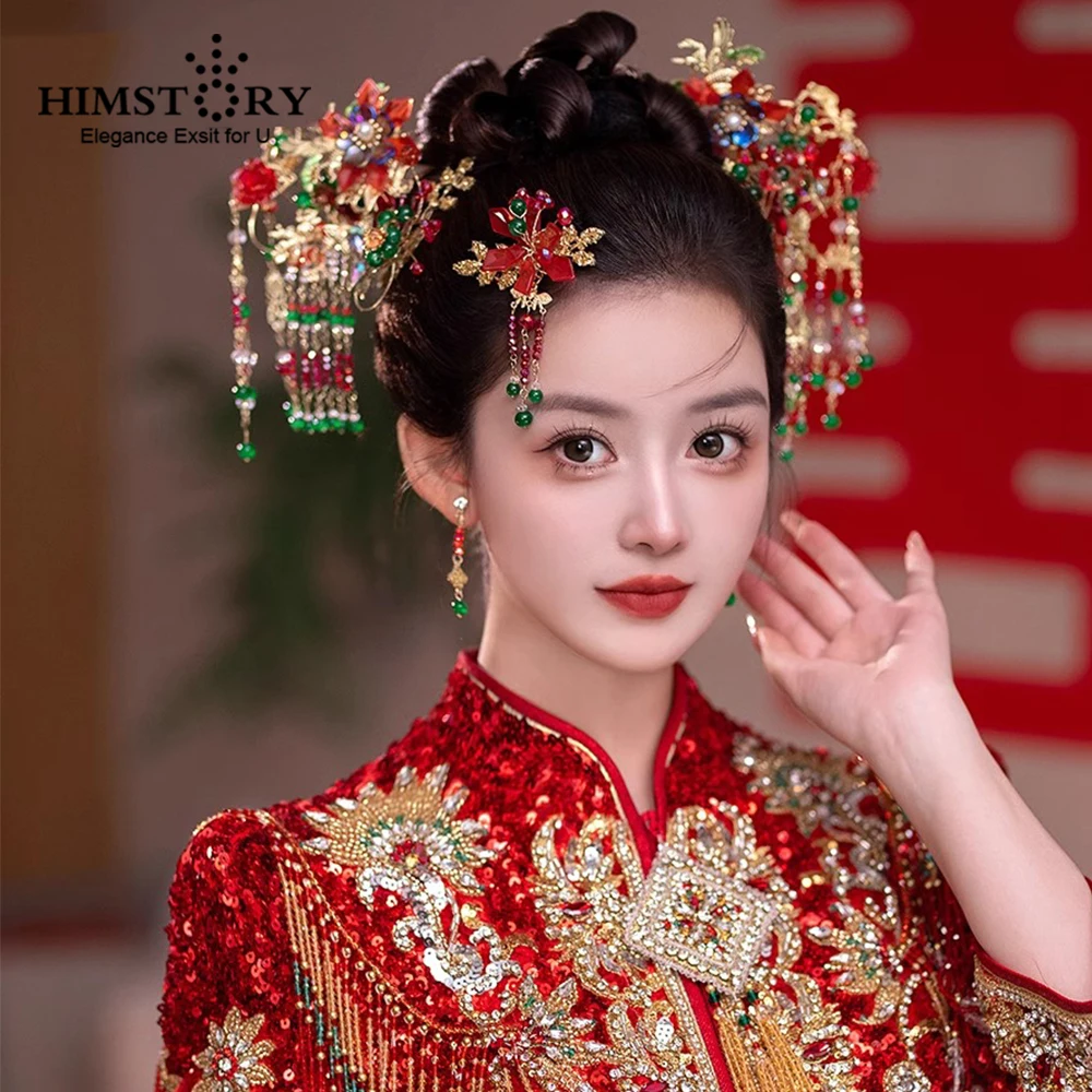 HIMSTORY Chinese Wedding Red Crystal Phoenix Hairpin Ancient Dress Headwear Retro Bride Xiuhe Traditional Hanfu Hair Accessories