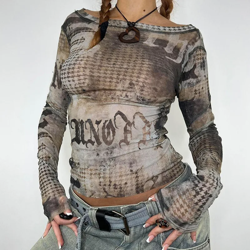

Sexy Ladies Personalized Printed Mesh T-shirt 2024 Fashion Women's Pullover Large Round Neck Bottom Long Sleeve Tops