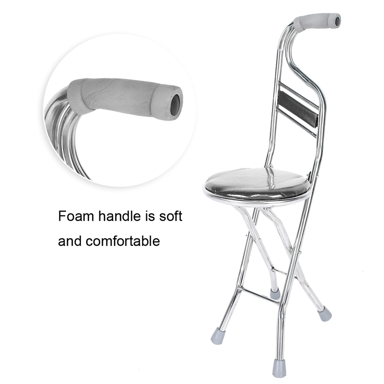 مقعد عصا يد قابل للطي للمشي ، فولاذ مقاوم للصدأ لكبار السن ، قصب سميك بأربعة أرجل ، عصا يد للمشي #6