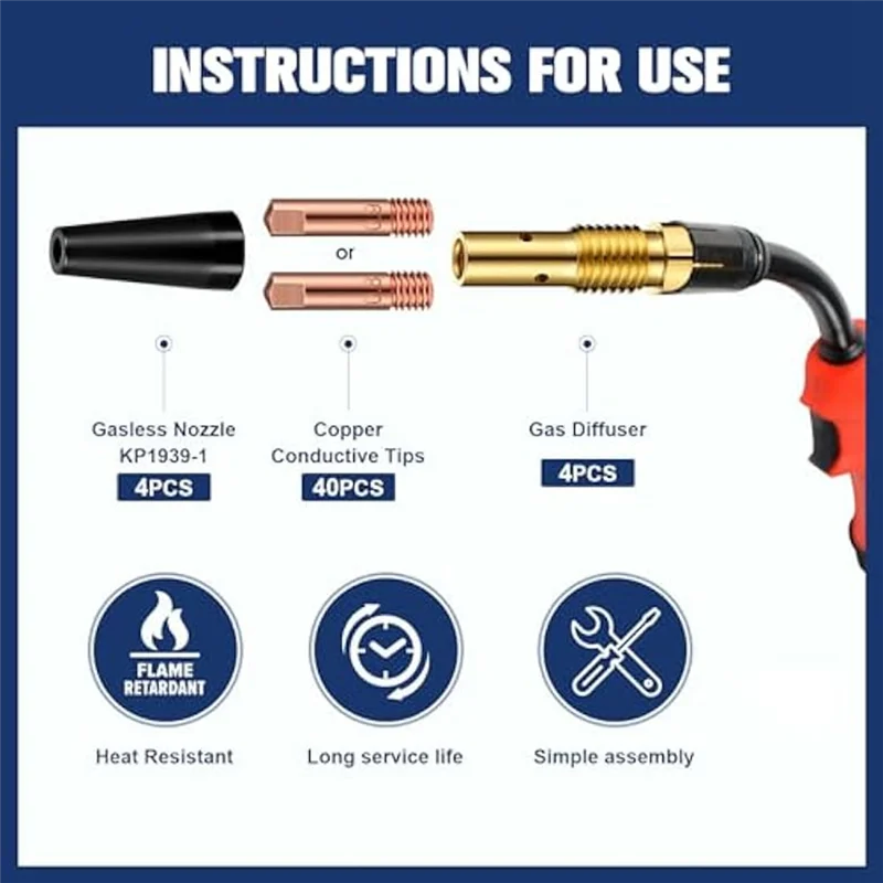 

A26F-48Pcs Flux Core Gasless Nozzle Tips Kit KP1939-1 Flux Core Welder Mig Welder Contact Tips Gasless Nozzle Gas Diffusers