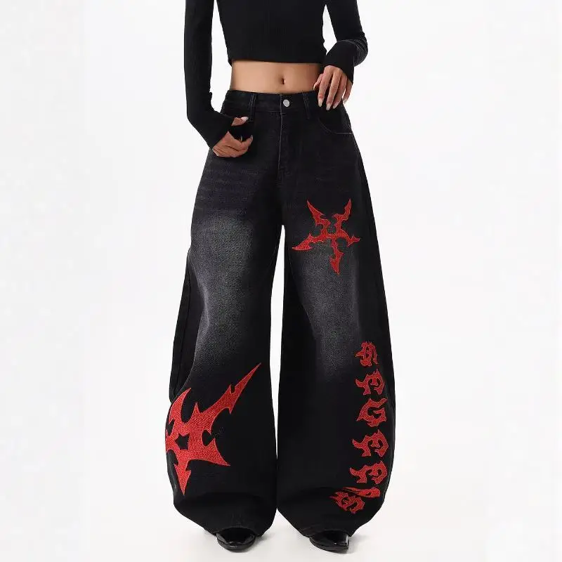 Street style American embroidered washed scimitar jeans for men and women loose wide leg dancing niche design trousers