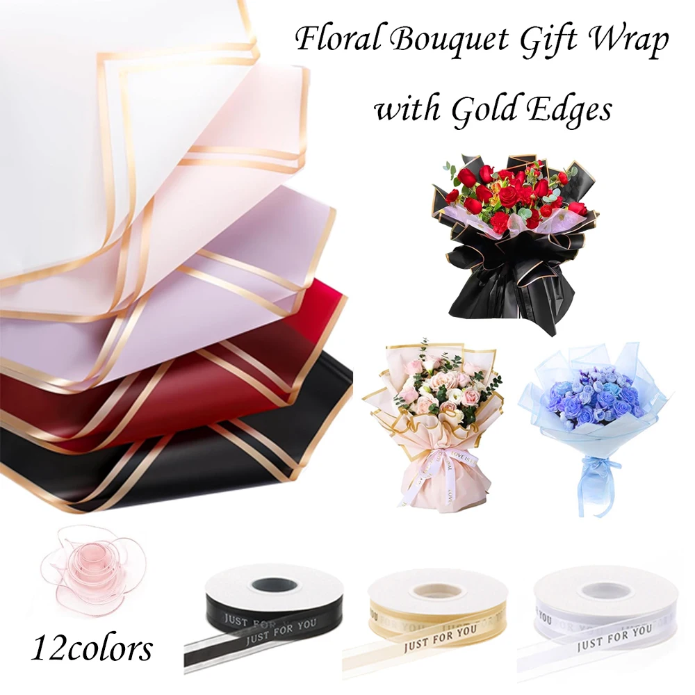 

20 шт. Подарочная упаковка с цветочным принтом и золотыми краями, водонепроницаемая желейная пленка 58x58 см с шифоновой лентой для свадьбы, дня рождения, подарочной упаковки своими руками