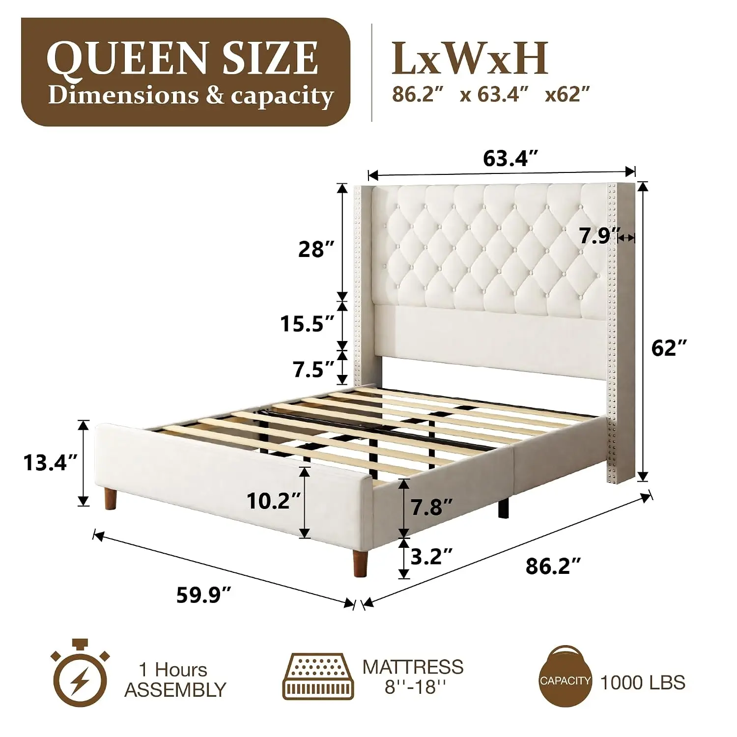 Queen Bed Frame Upholstered Platform 62
