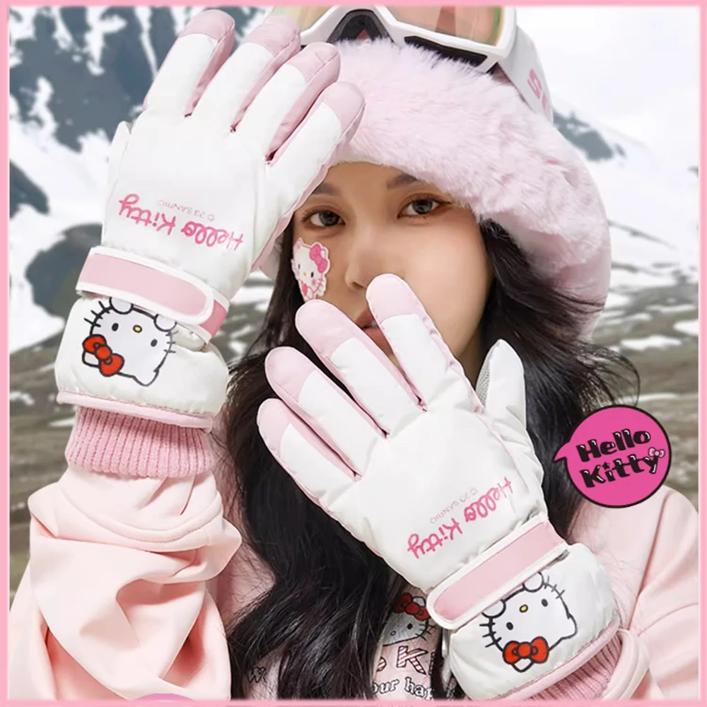 Sanrio Hello Kitty Ski Gloves Winter Plush Warm Touch Screen Kawaii Anime Kt Cinnamoroll Thicken Riding Outdoor Soft Water Proof