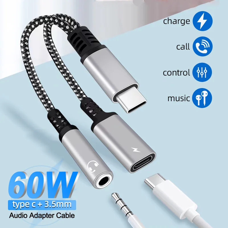 

2 in 1 Type C to USB C PD 60W Fast Charging and Auxiliary 3.5mm Headphone Jack Adapter For OnePlus Huawei Samsung Aux Adapter