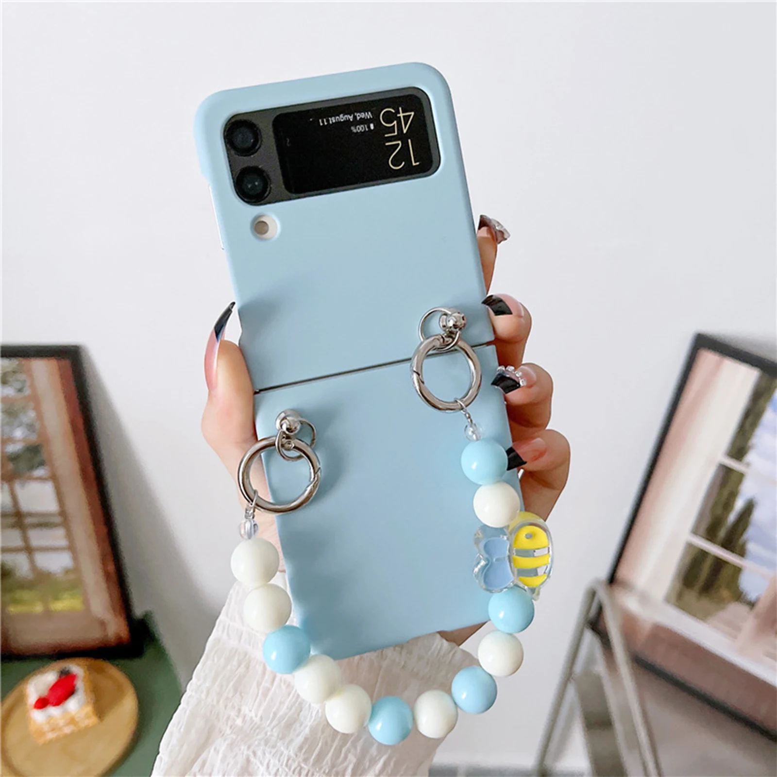 

Folding Phone Case for Samsung Galaxy Z Flip 3 4 5G with Bead Chain Purple Hard PC Phone Case Slim Shockproof Protective Cover